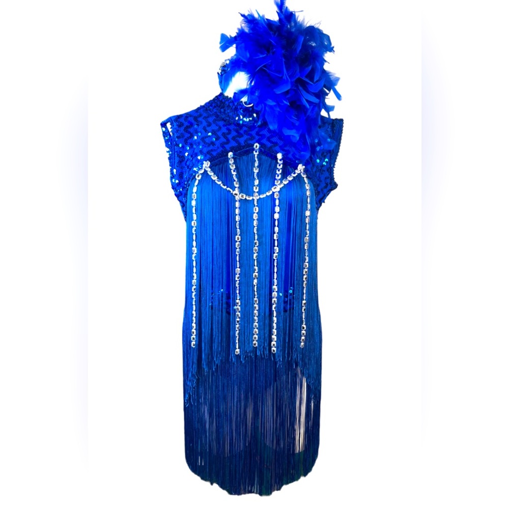 1920’s Gatsby Royal Blue Sequins Flapper 3pc Dress Adult Costume Women Sz M/L